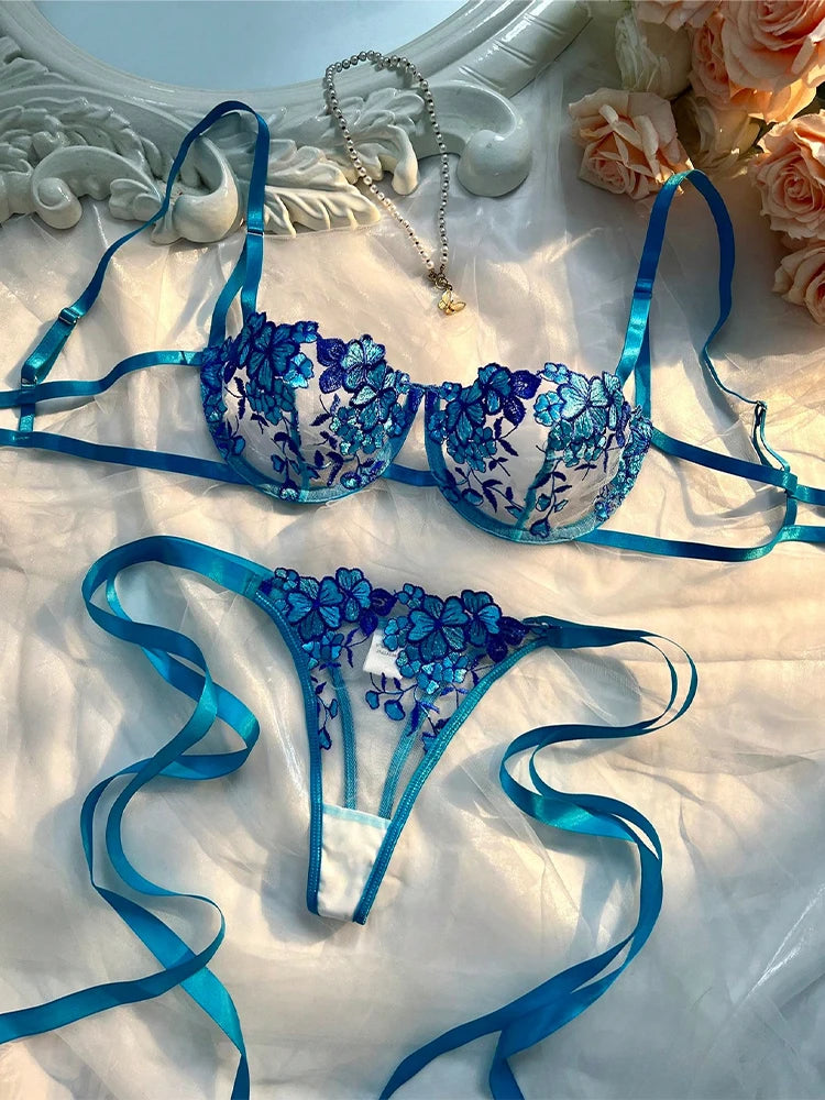 Floral Embroidery Lingerie Set – Sheer Bra & Panty Nightwear for Women