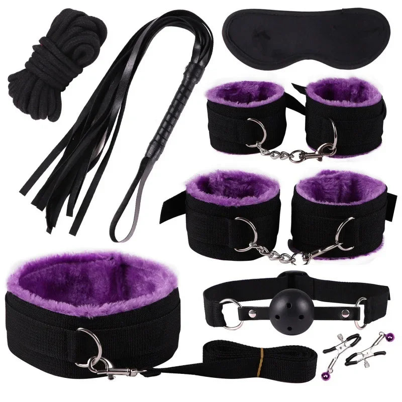 BDSM - 8-Piece Bondage Restraint Kit – Soft Cuffs, Blindfold & Tease Accessories for Couples