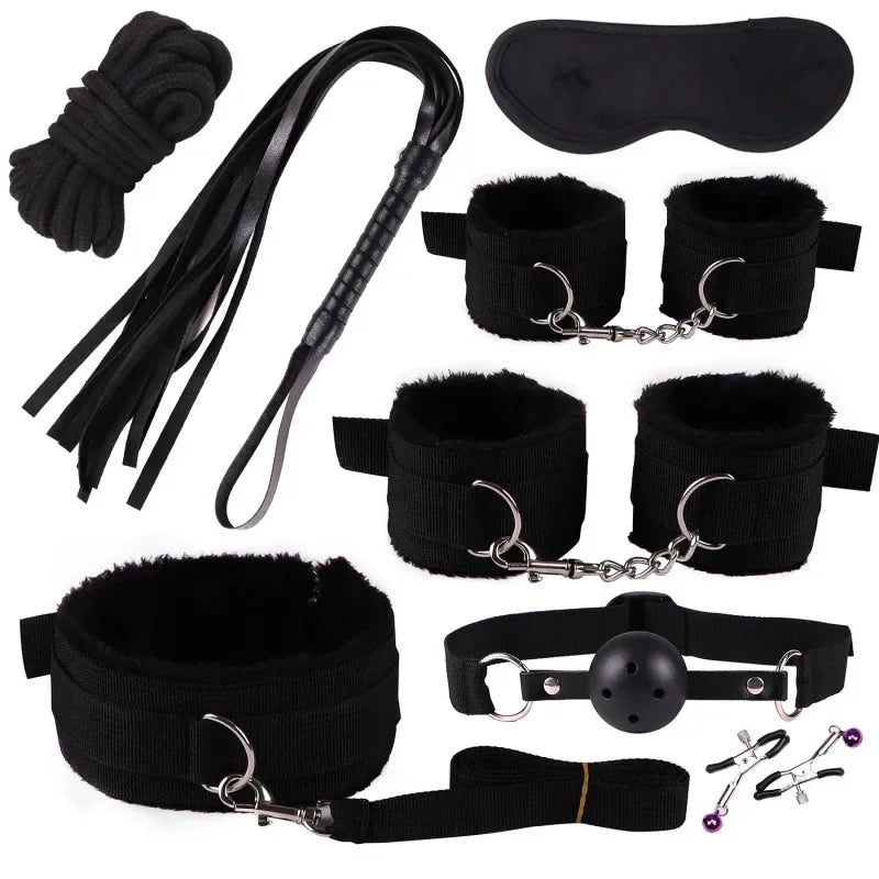 BDSM - 8-Piece Bondage Restraint Kit – Soft Cuffs, Blindfold & Tease Accessories for Couples
