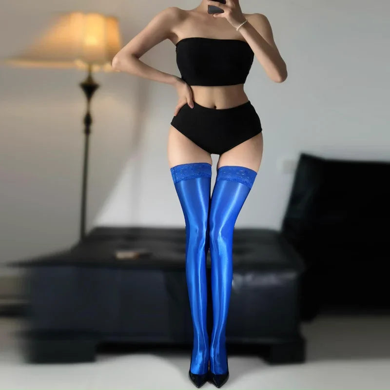 Sculpt & Shine Thigh Highs Stockings – Glossy Lace Hold-Ups with No-Slip Grip