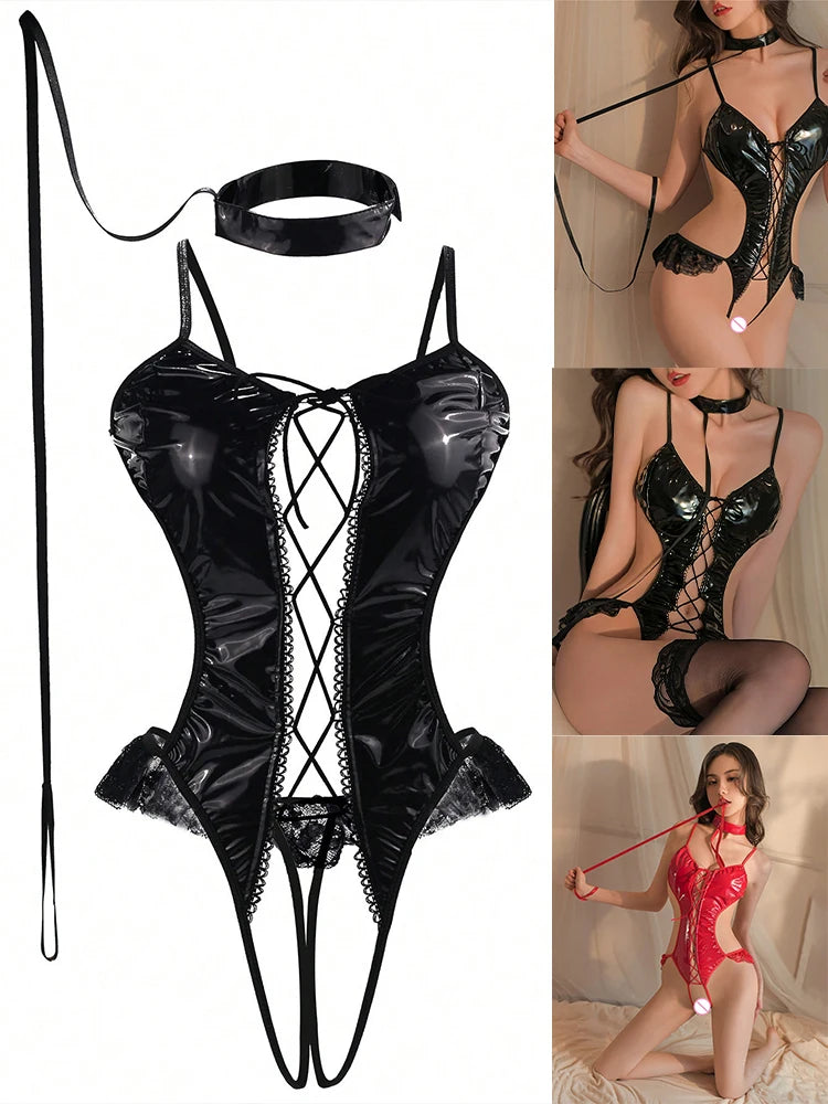 Sexy Lingerie Set for Women - Leather Lace-Up Teddy Bodysuit with Stockings