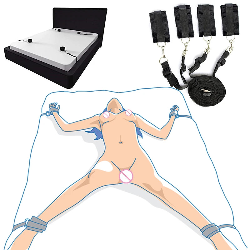 BDSM - Under Bed Restraint System – Adjustable Bondage Straps with Soft Cuffs