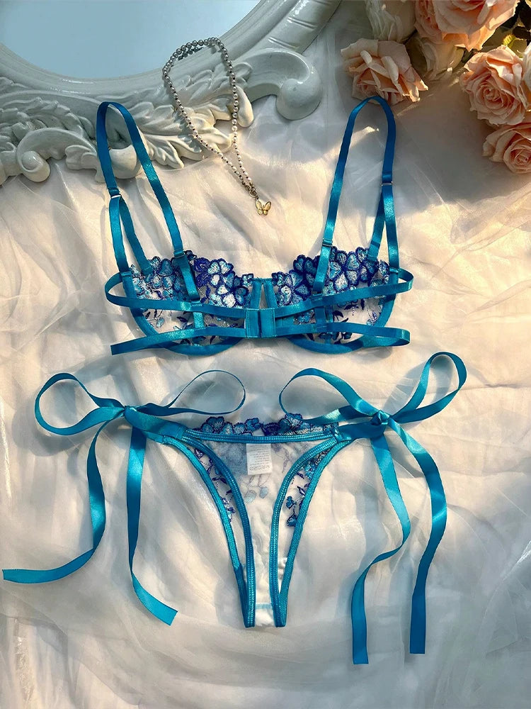 Floral Embroidery Lingerie Set – Sheer Bra & Panty Nightwear for Women