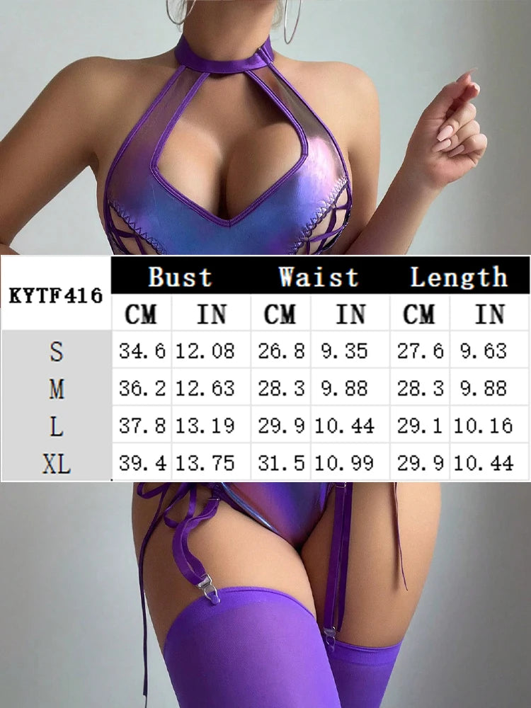 Shiny Lace-Up Bodysuit with Garter Straps – Clubwear Lingerie Set