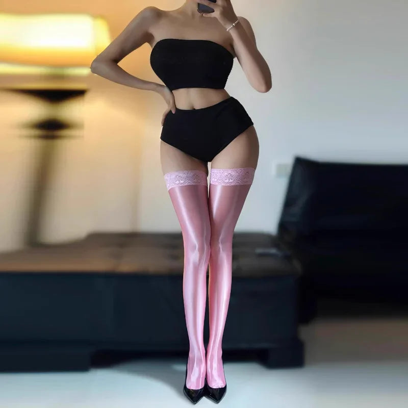 Sculpt & Shine Thigh Highs Stockings – Glossy Lace Hold-Ups with No-Slip Grip