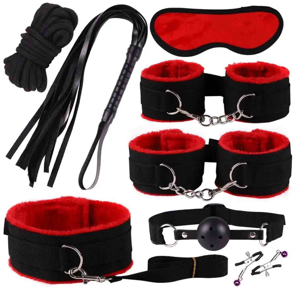 BDSM - 8-Piece Bondage Restraint Kit – Soft Cuffs, Blindfold & Tease Accessories for Couples