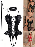 Sexy Lingerie Set for Women - Leather Lace-Up Teddy Bodysuit with Stockings