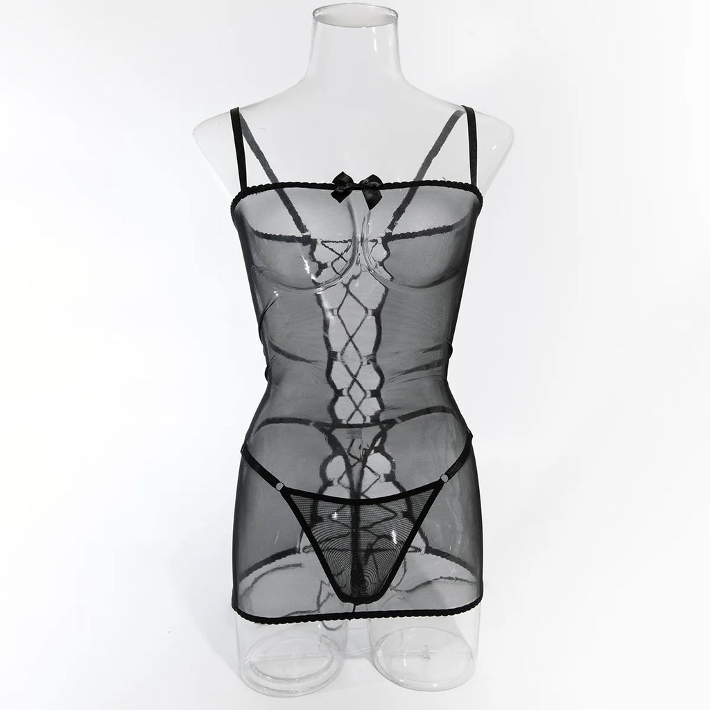 Backless Transparent Lingerie - Sexy Lace-Up Nightwear - Whisper and Bite